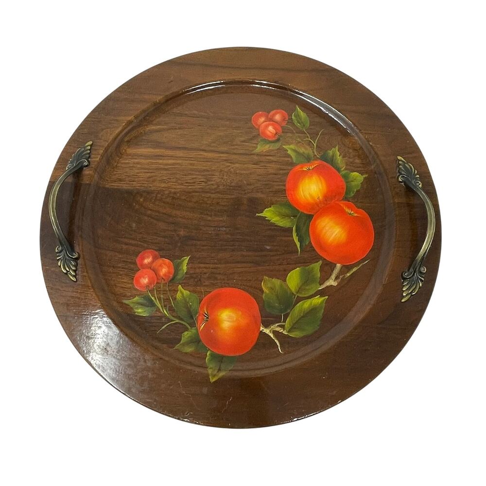 Vintage Walnut Hand Painted Wooden Tray w Antique Brass Handles Tomatoes 12 Inch